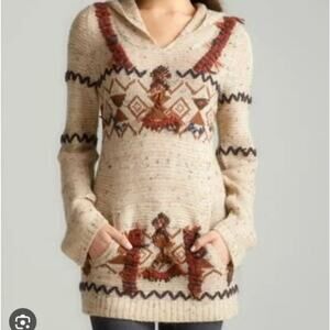 Free People Beige Navajo Aztec Wool Linen Blend Hoodie Knit Sweater Size Medium